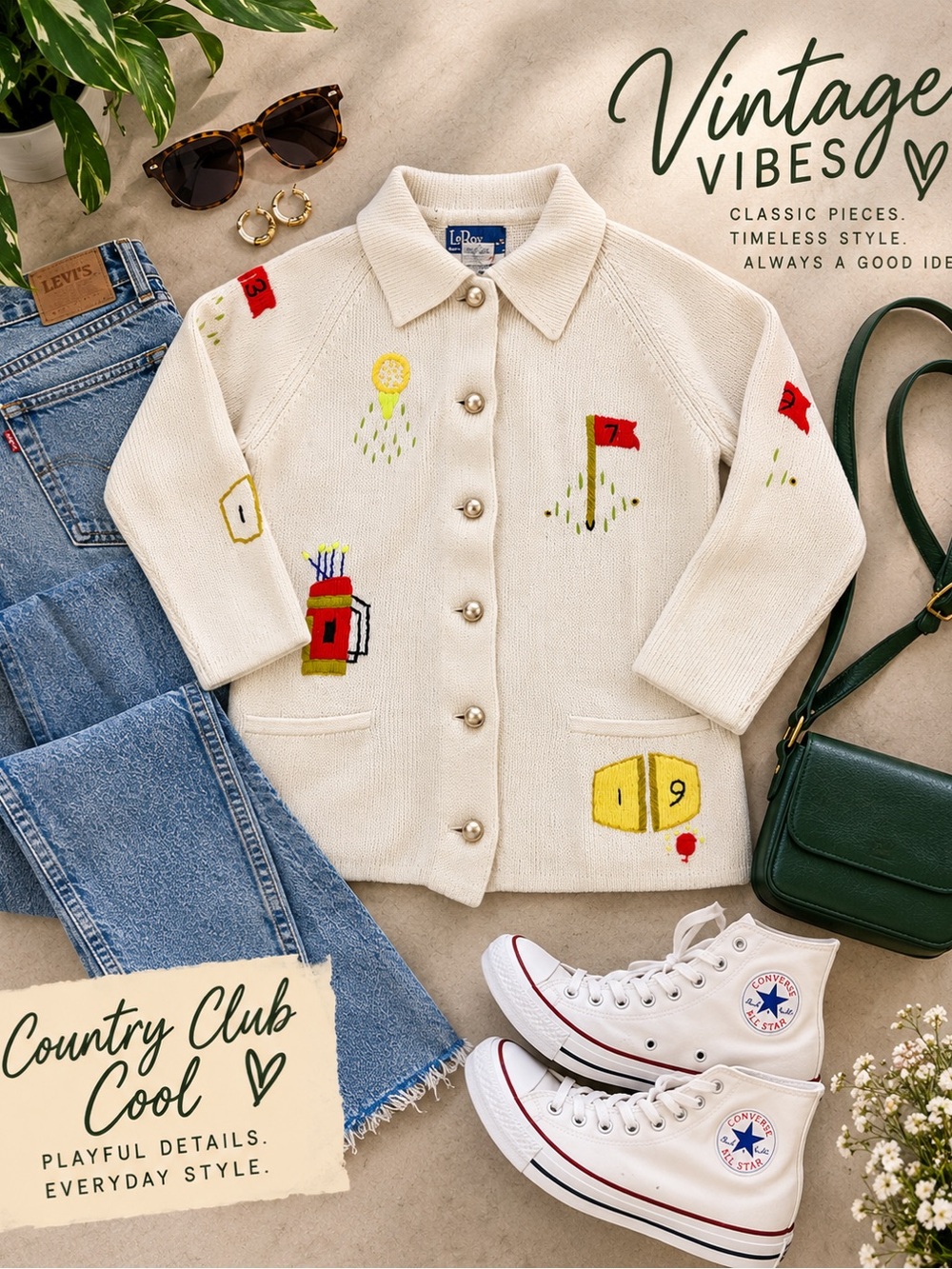 Cream Vintage-Inspired Women's Golf Motif Knit Cardigan